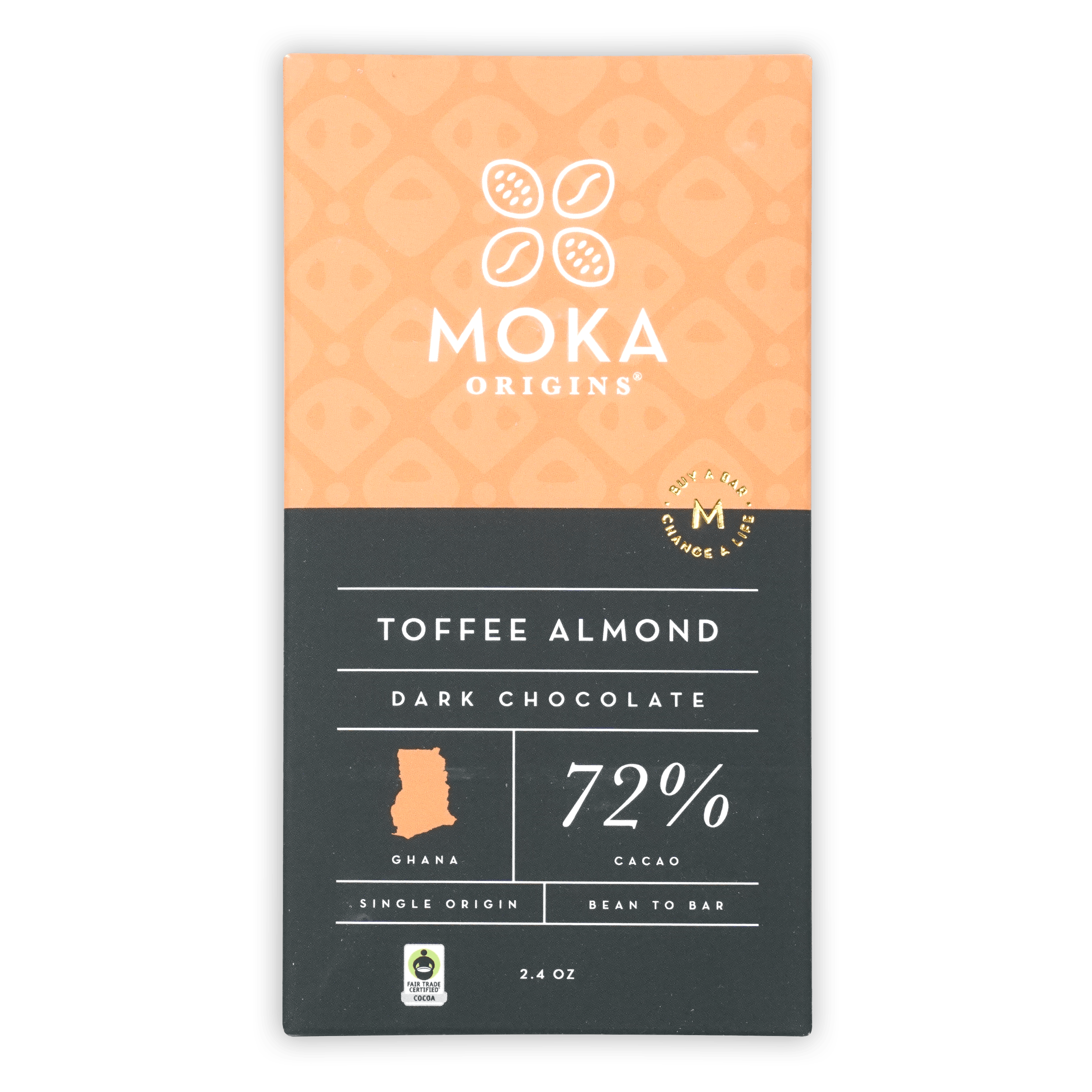 Moka toffee almond dark chocolate bar, 72% Ghana cacao, orange black package