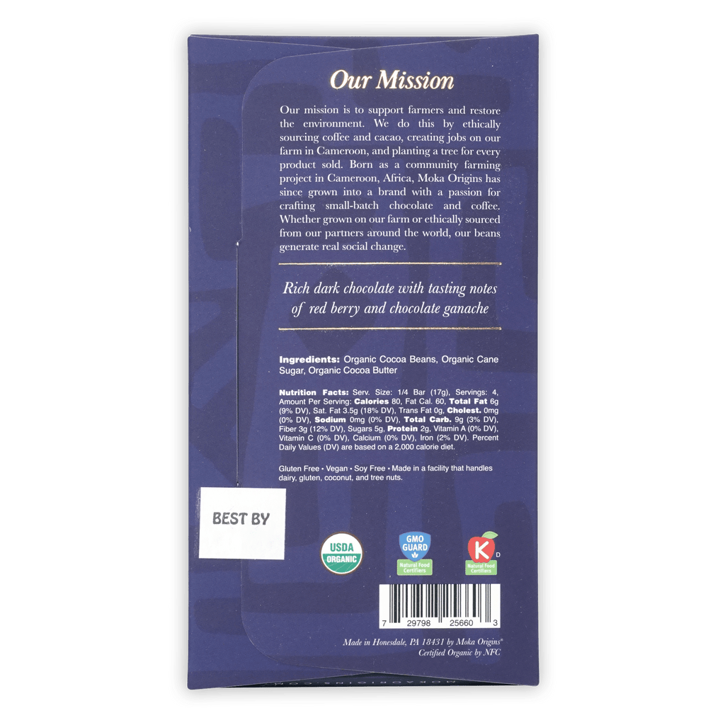 Moka Dark Uganda 72% dark chocolate bar in glossy blue packaging with organic logos