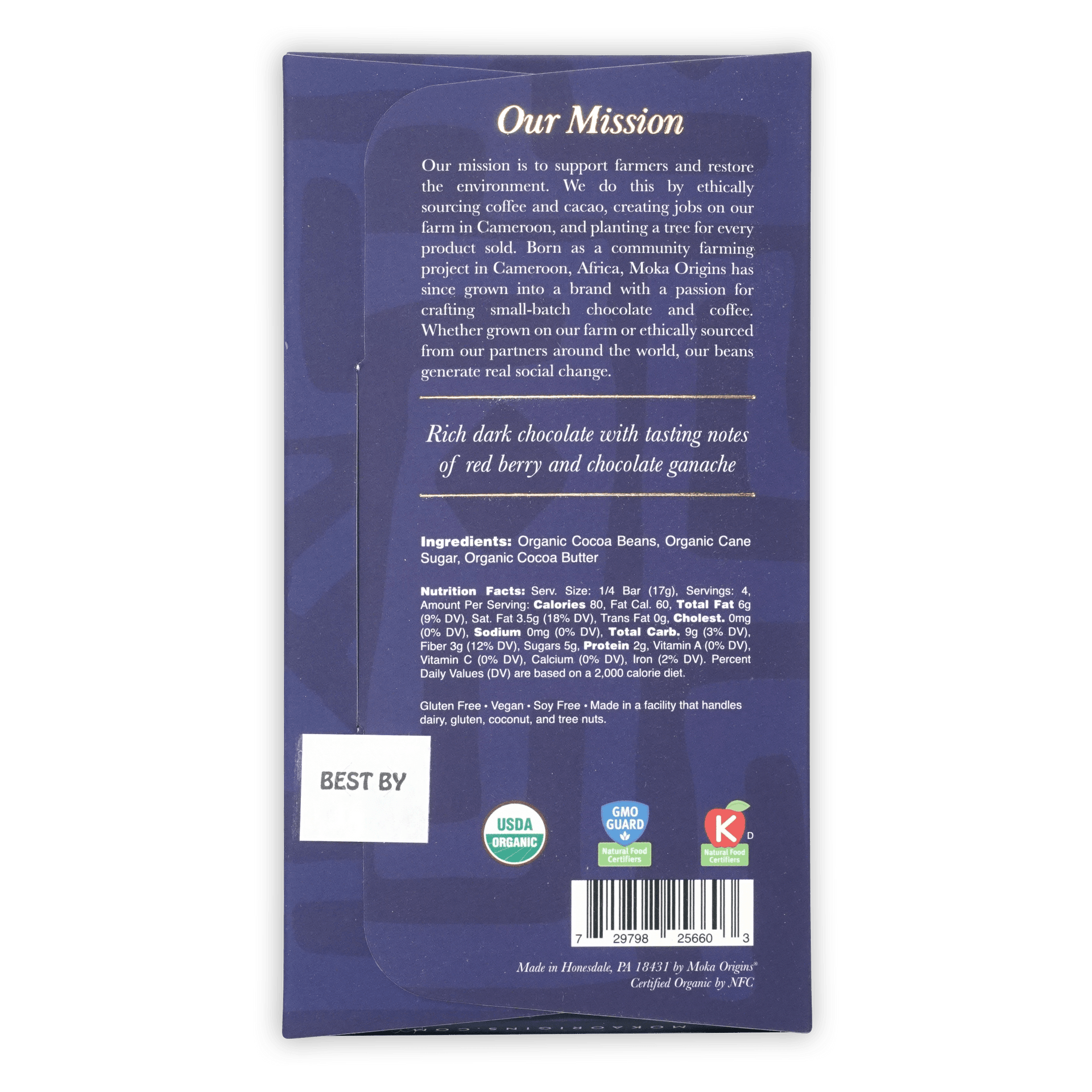 Moka Dark Uganda 72% dark chocolate bar in glossy blue packaging with organic logos