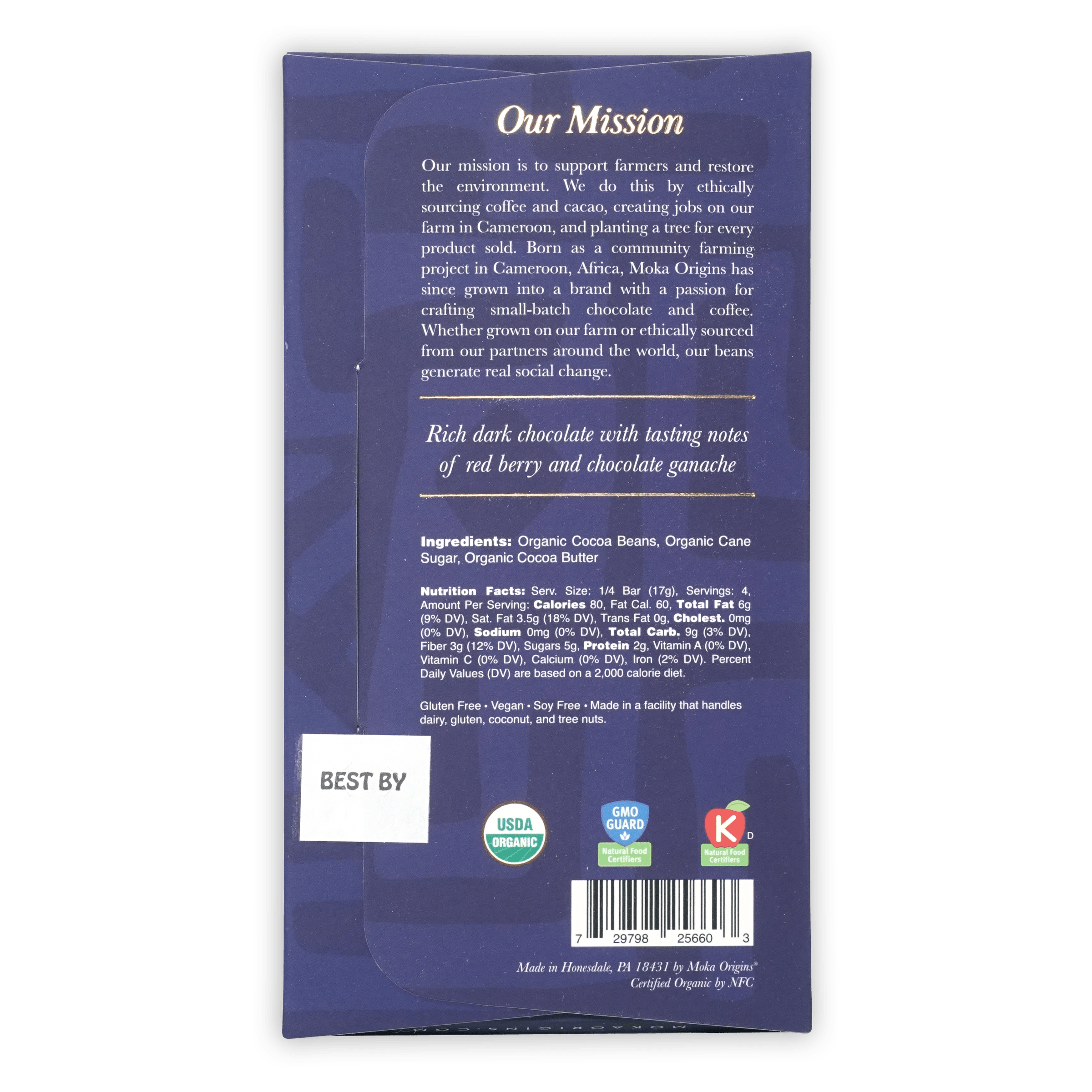 Moka Dark Uganda 72% dark chocolate bar in glossy blue packaging with organic logos