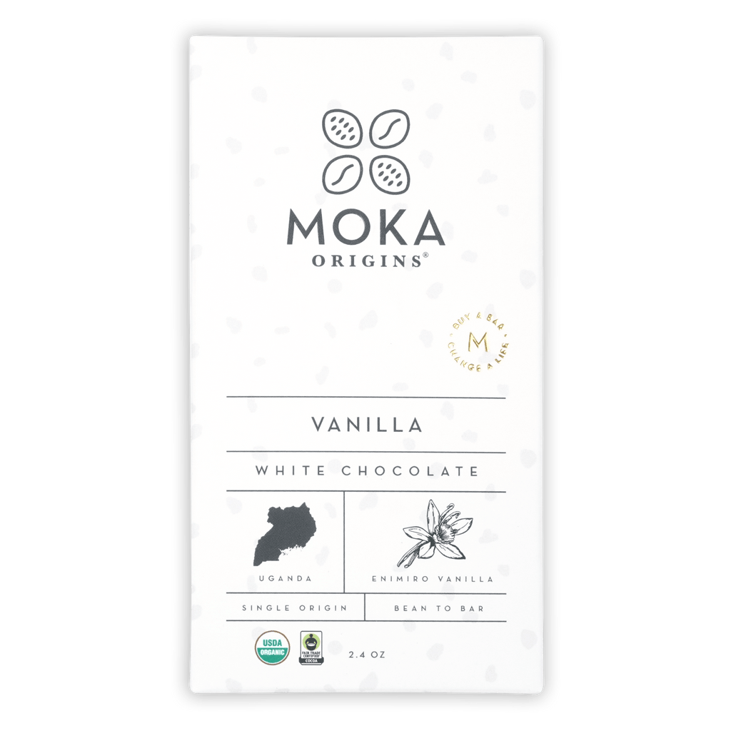 Moka Vanilla White Chocolate bar in minimalist white package with vanilla flowers