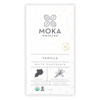 Moka Vanilla White Chocolate bar in minimalist white package with vanilla flowers