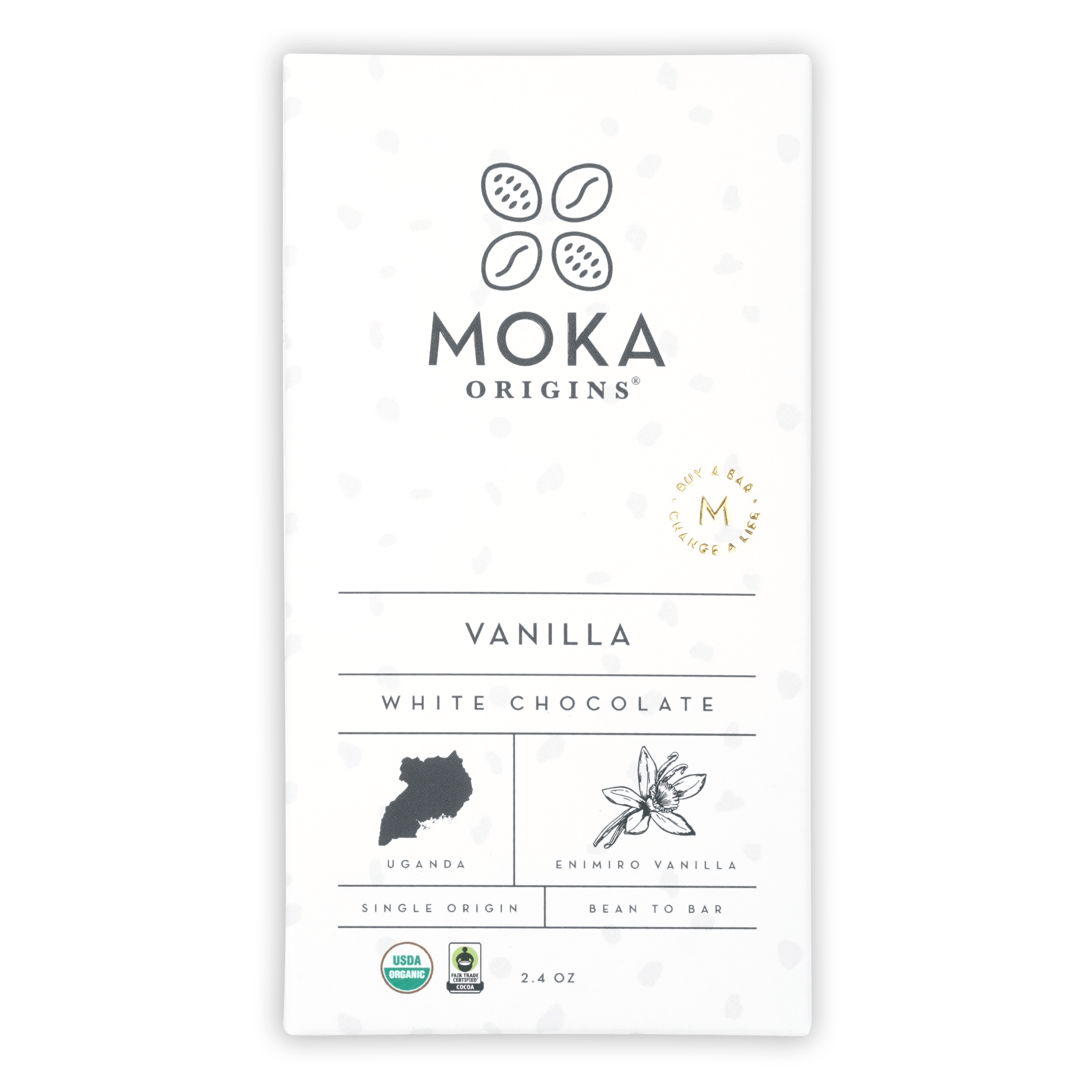 Moka Vanilla White Chocolate bar in minimalist white package with vanilla flowers