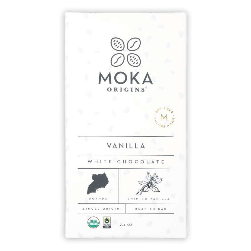 Moka Vanilla White Chocolate bar in minimalist white package with vanilla flowers