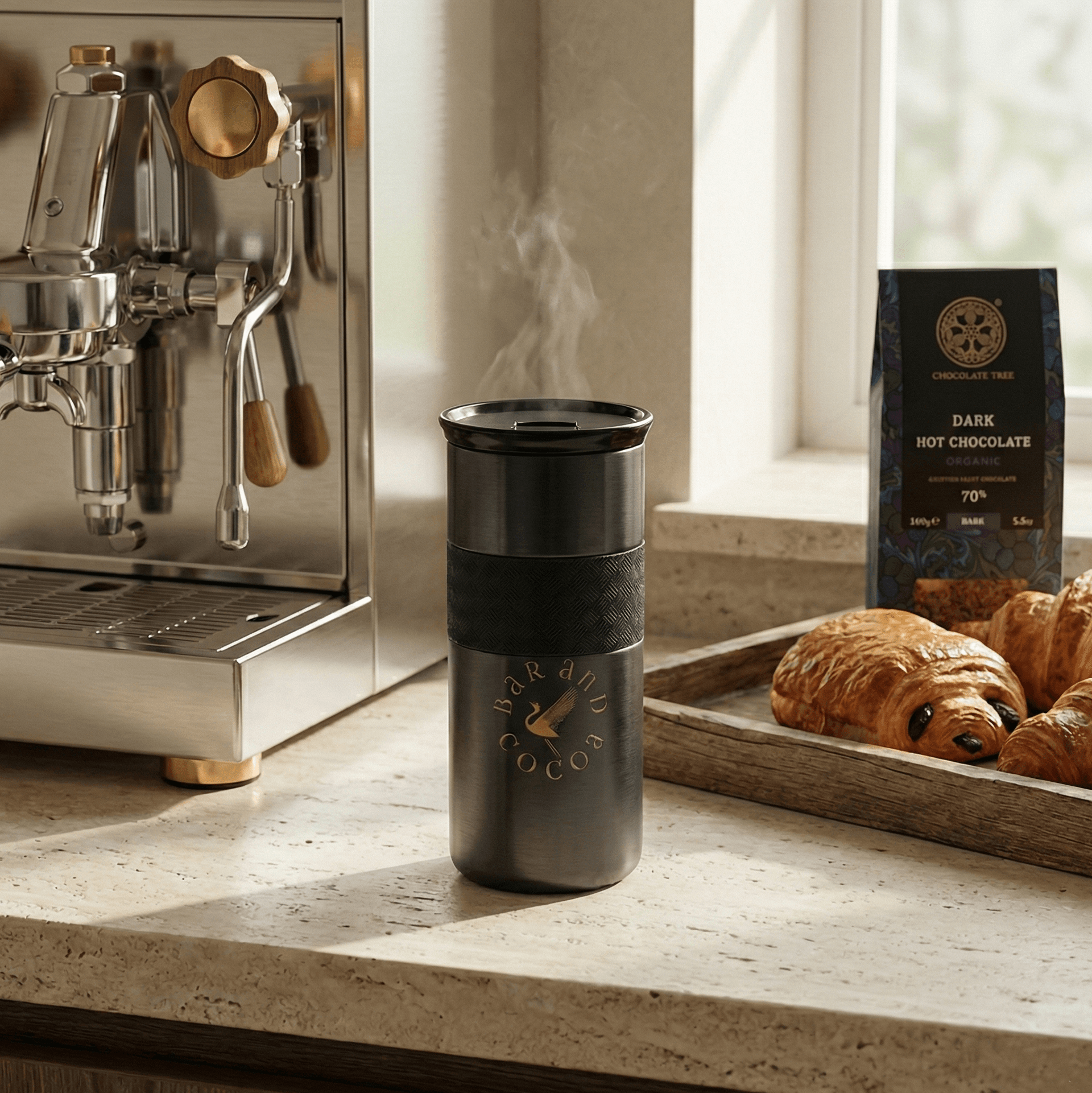 Bar & Cocoa 16 oz black matte travel mug with gold logo and grip band