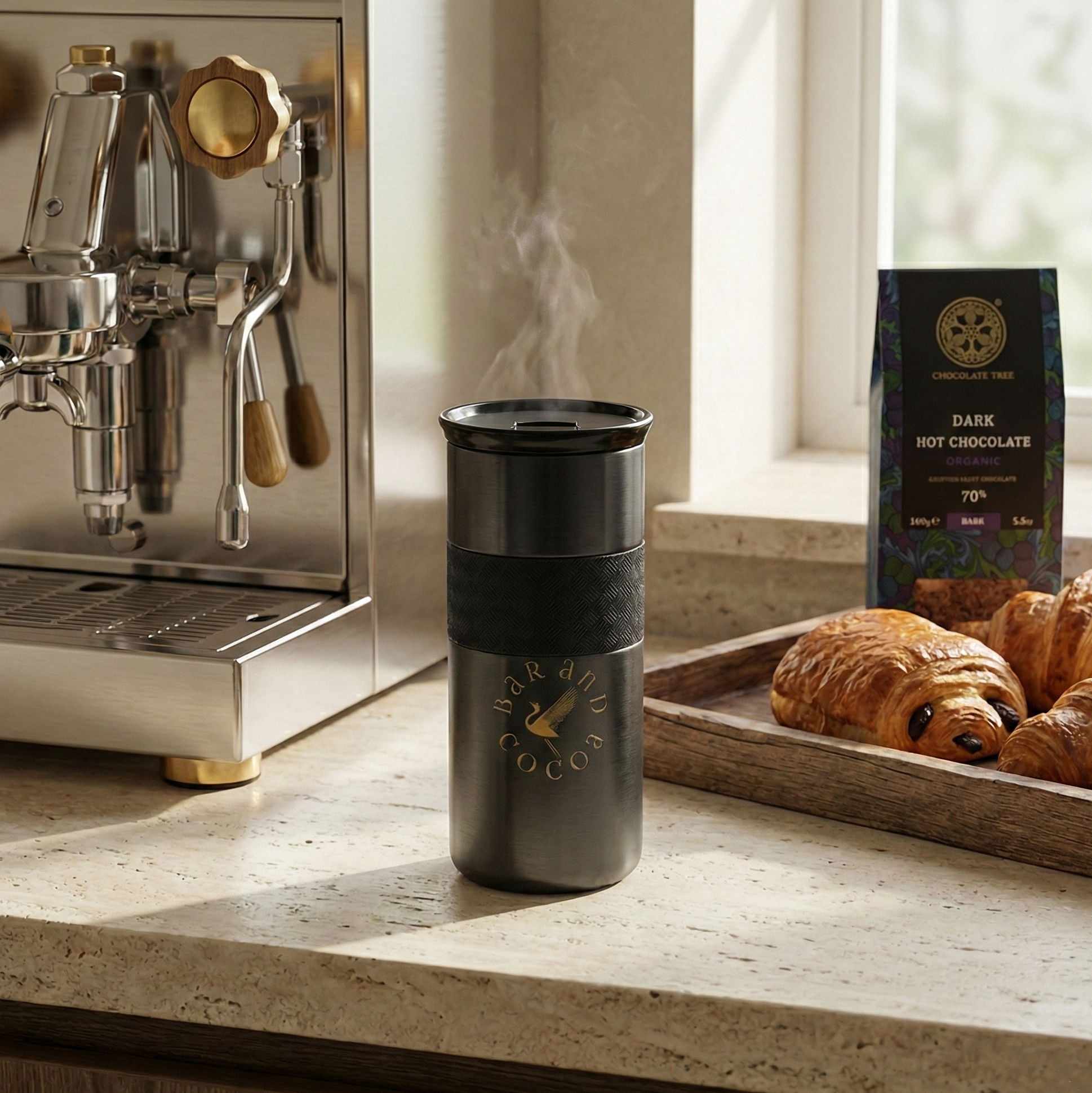 Bar & Cocoa 16 oz black matte travel mug with gold logo and grip band
