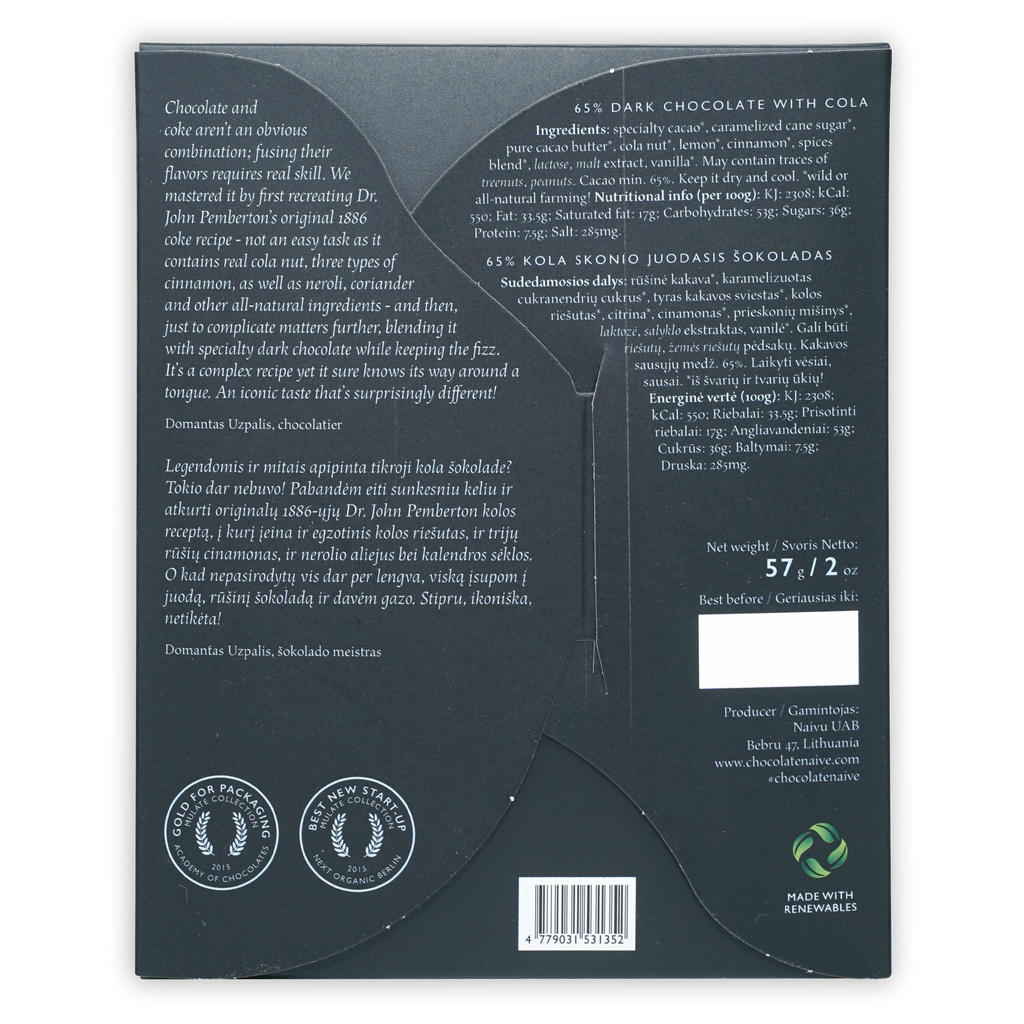 Naive Cola Dark Chocolate 65% bar in sleek black wrapper