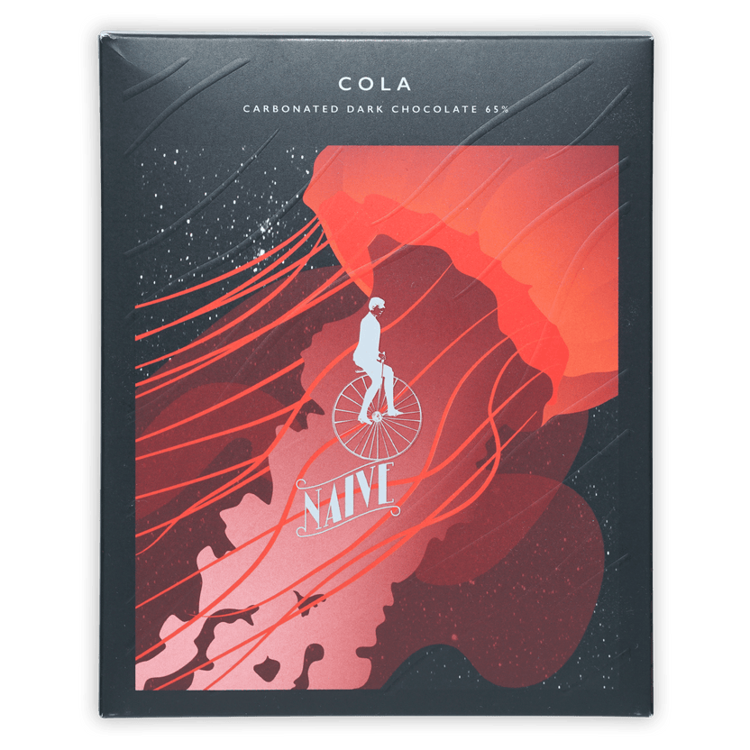 Naive Cola Dark Chocolate 65% limited edition black box with cyclist art