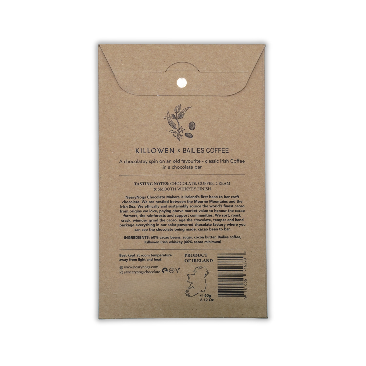 Back of brown kraft envelope for NearyNogs Killowen x Bailies Coffee chocolate on a black background.