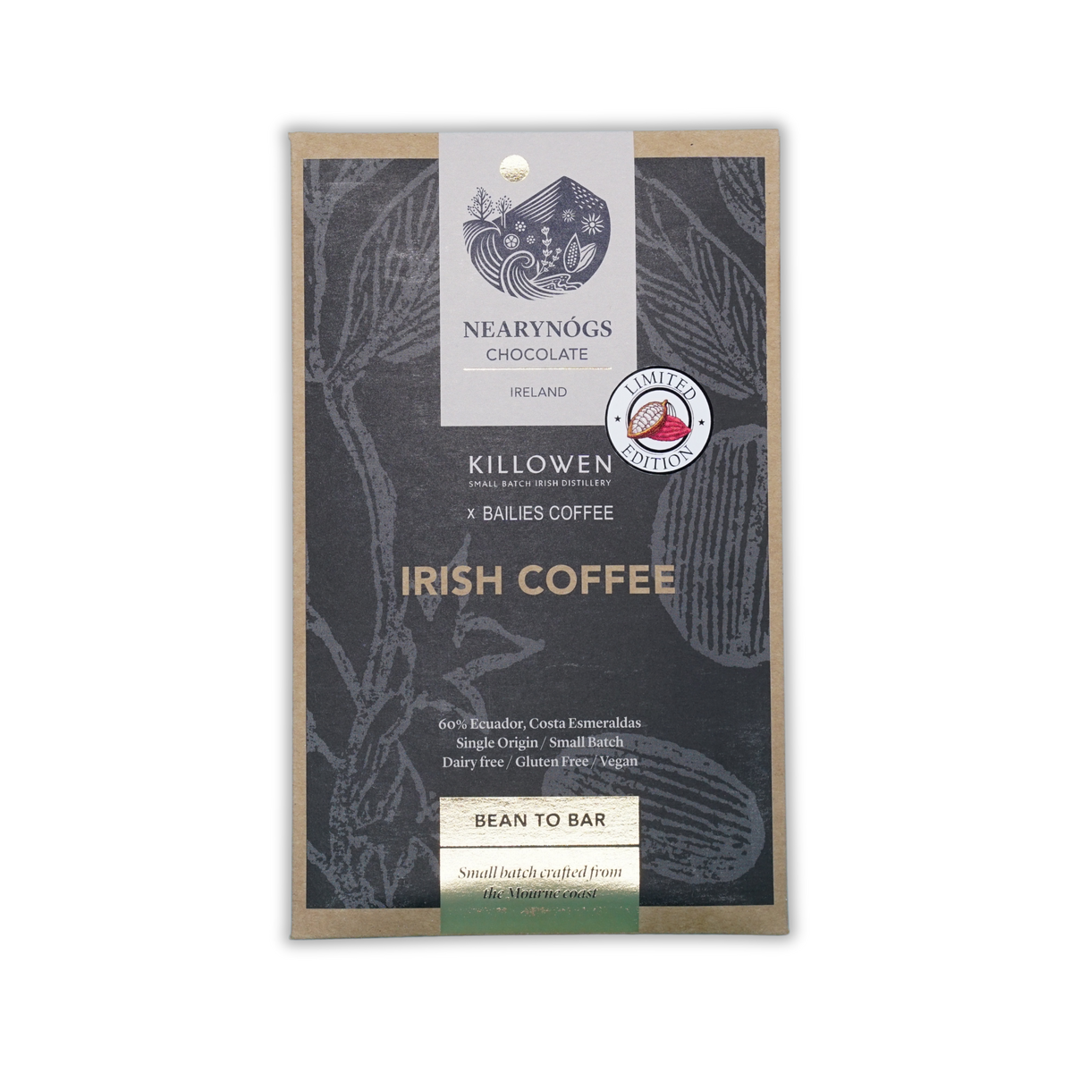 NearyNógs 60% Irish Coffee chocolate bar in dark illustrated packaging on a black background.