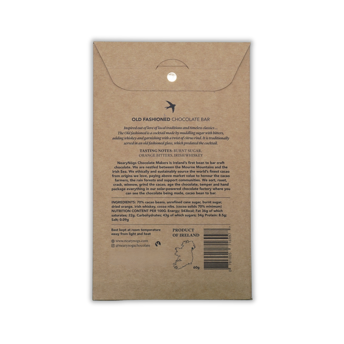 The back of the NearyNogs Old Fashioned Chocolate Bar in its brown kraft paper sleeve, shown vertically on a white background.
