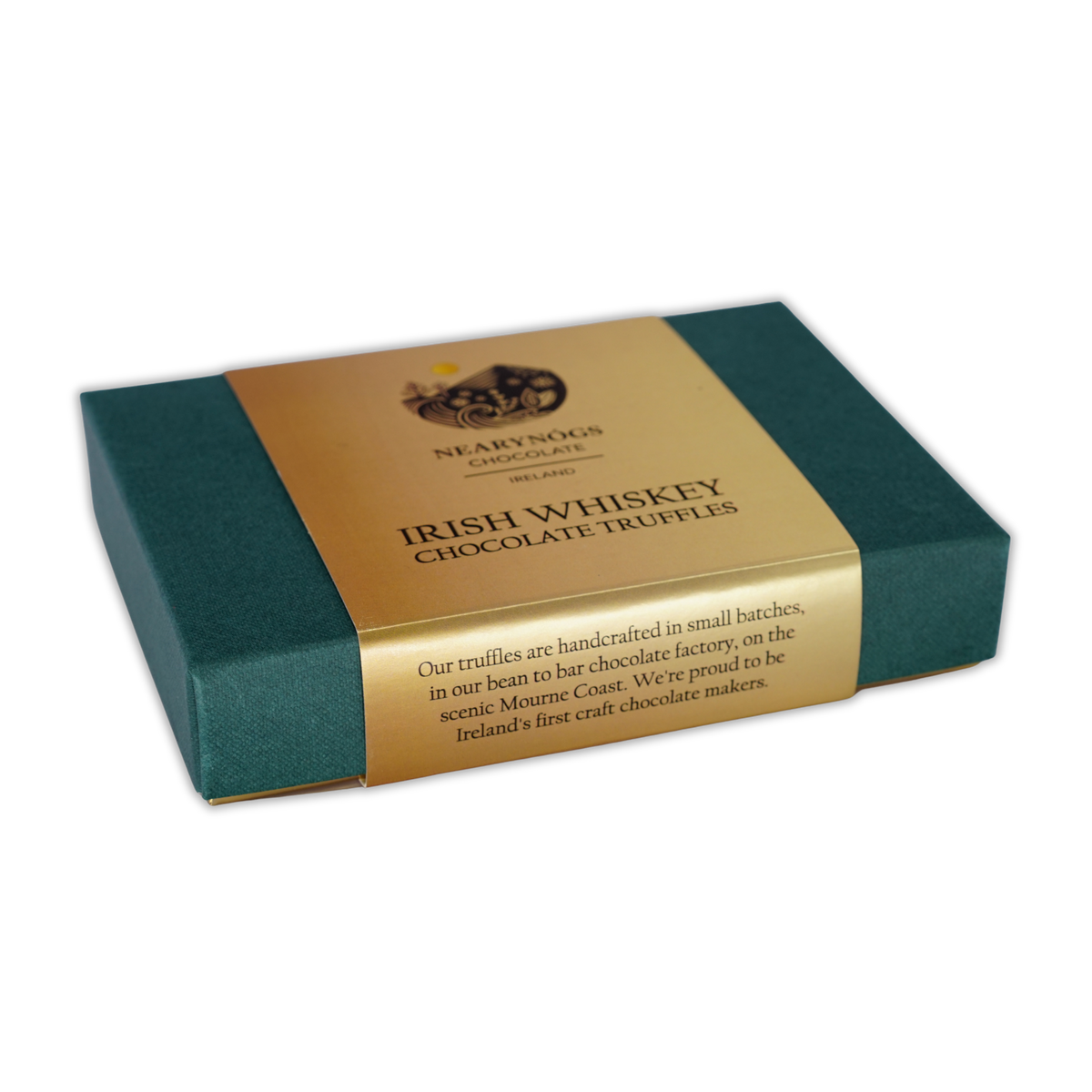A dark green box of NearyNógs Irish Whiskey Chocolate Truffles with a gold paper sleeve against a black background.