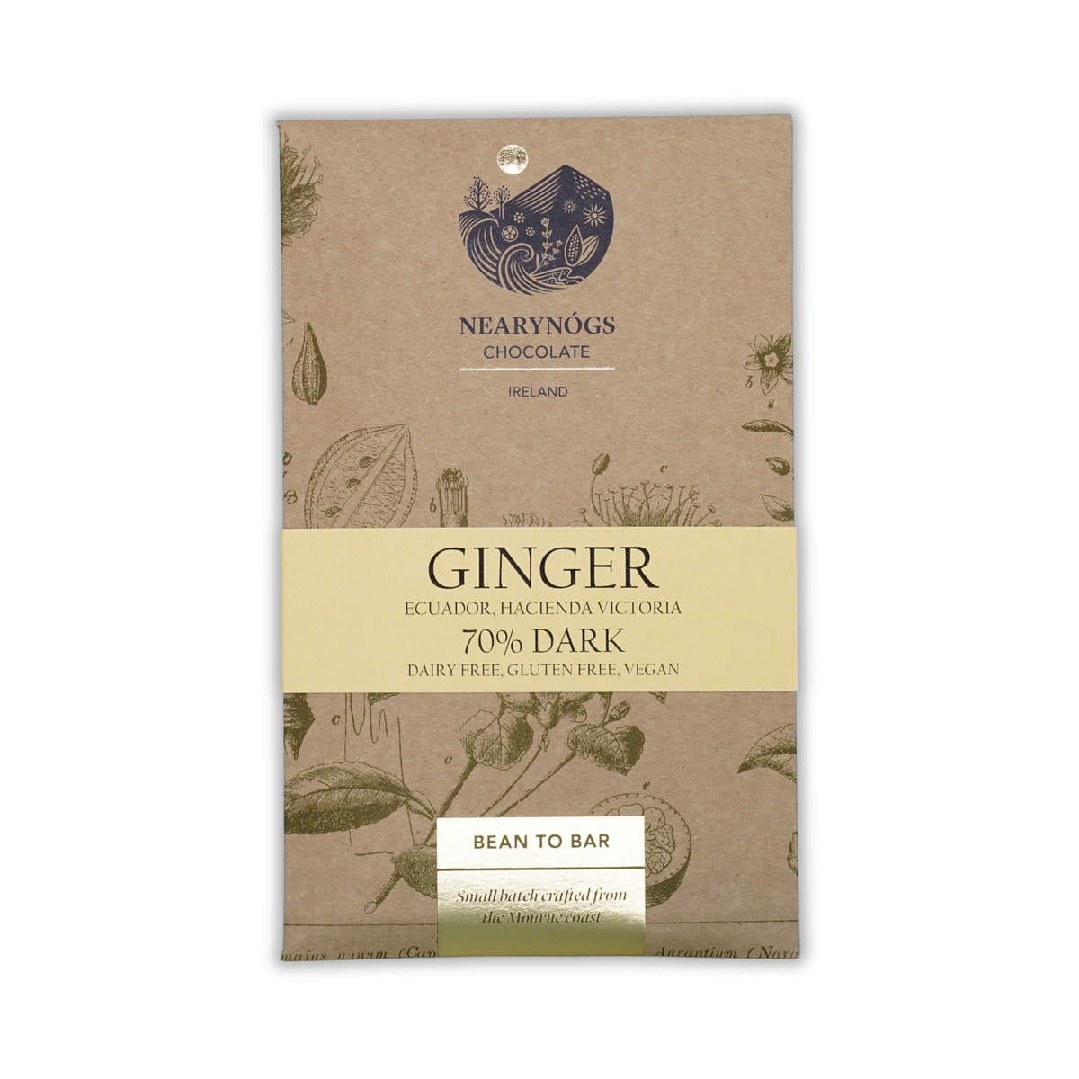 NearyNogs Chocolate Ginger 70% dark chocolate bar in kraft packaging on a black background.