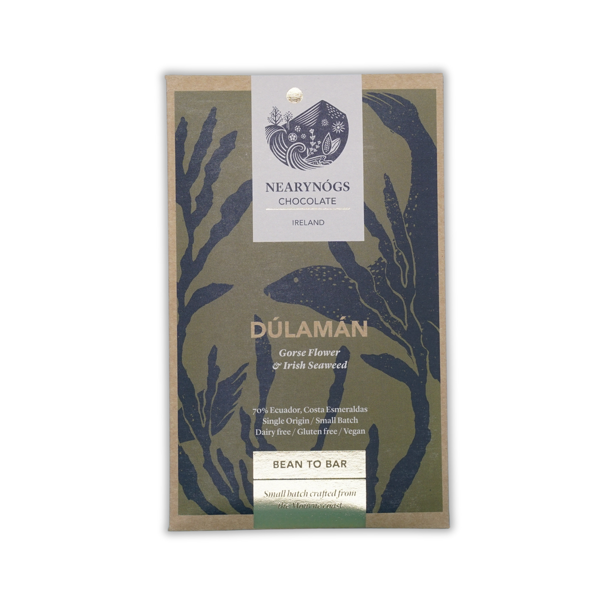 NearyNógs Dúlamán 70% chocolate bar packaging with seaweed illustrations on a black background.
