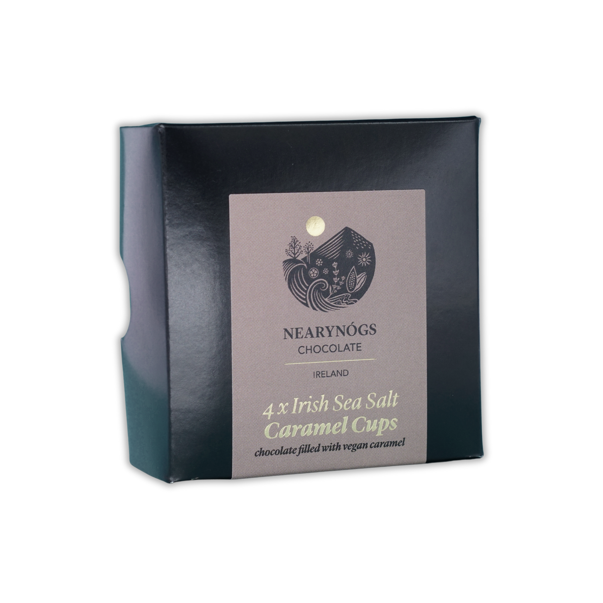 A dark box of NearyNogs Chocolate Irish Sea Salt Caramel Cups against a black background.