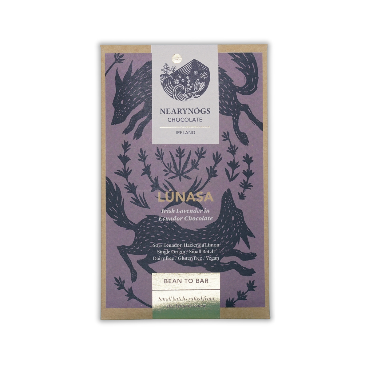 NearyNógs Lúnasa chocolate bar in purple paper packaging with wolf illustrations on a black background.