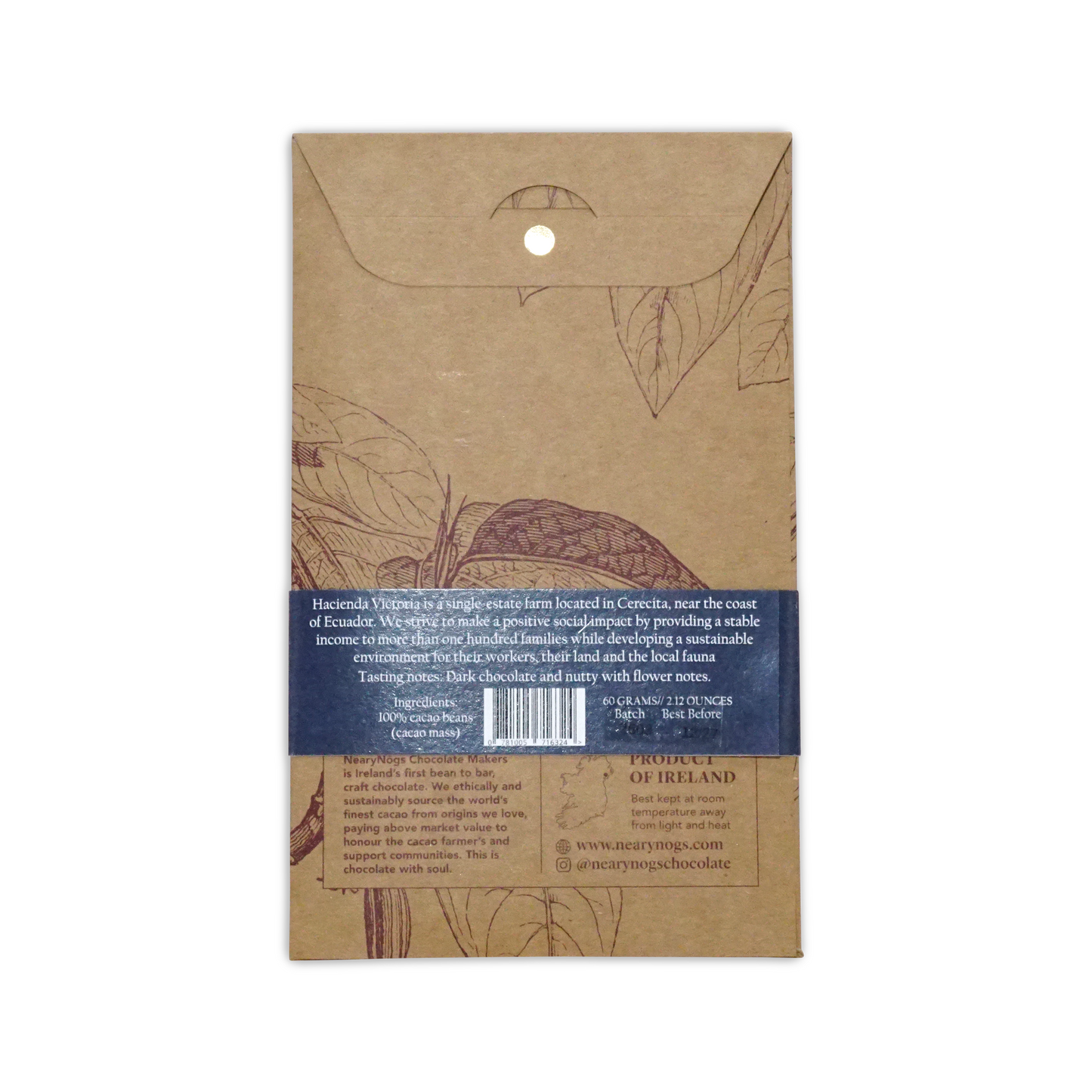 Brown kraft paper chocolate bar wrapper with hand-drawn cocoa illustrations and blue label for nearynags dark ecuador 100%