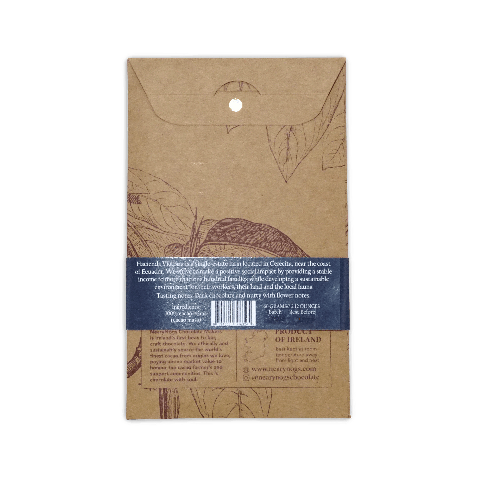 Brown kraft paper chocolate bar wrapper with hand-drawn cocoa illustrations and blue label for nearynags dark ecuador 100%