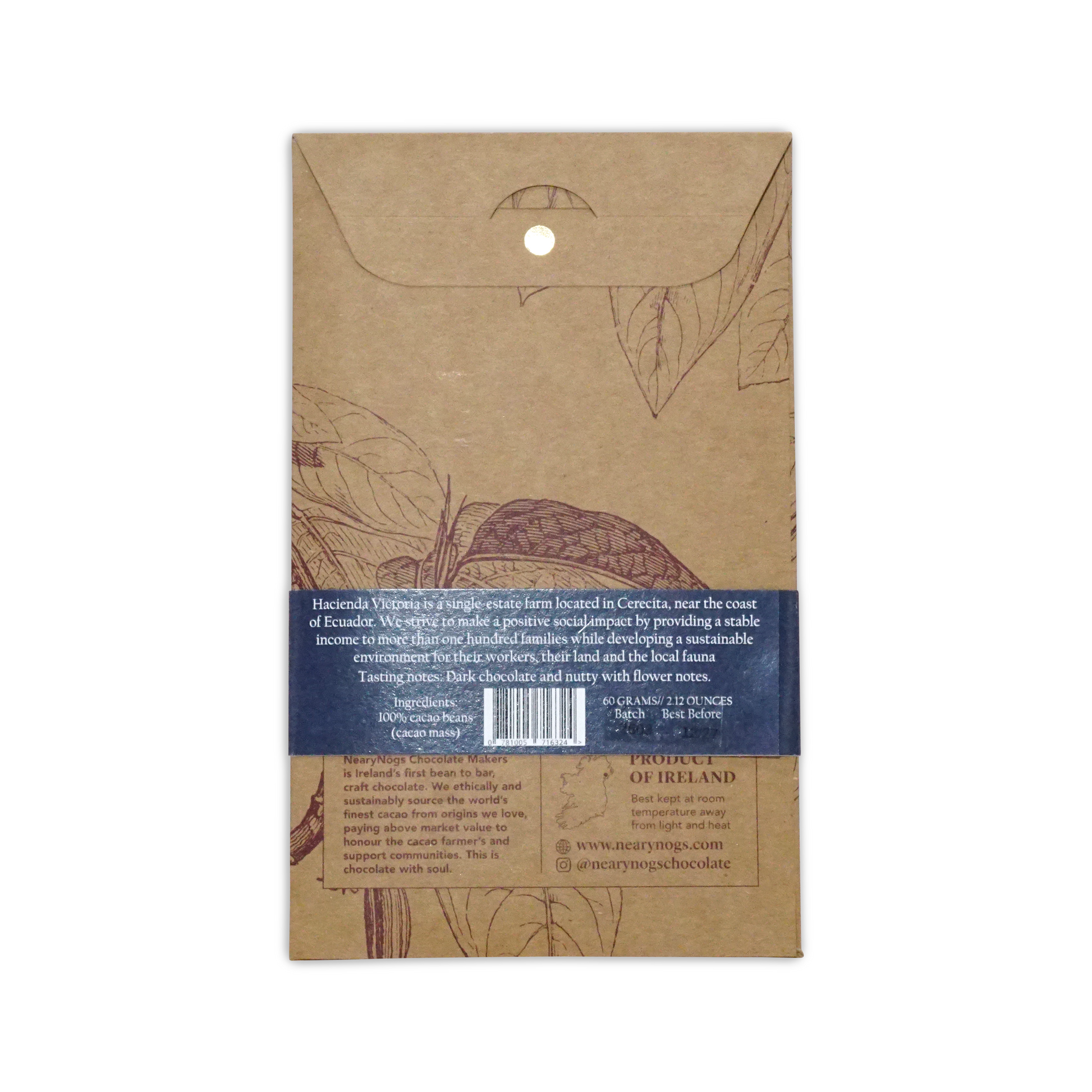 Brown kraft paper chocolate bar wrapper with hand-drawn cocoa illustrations and blue label for nearynags dark ecuador 100%