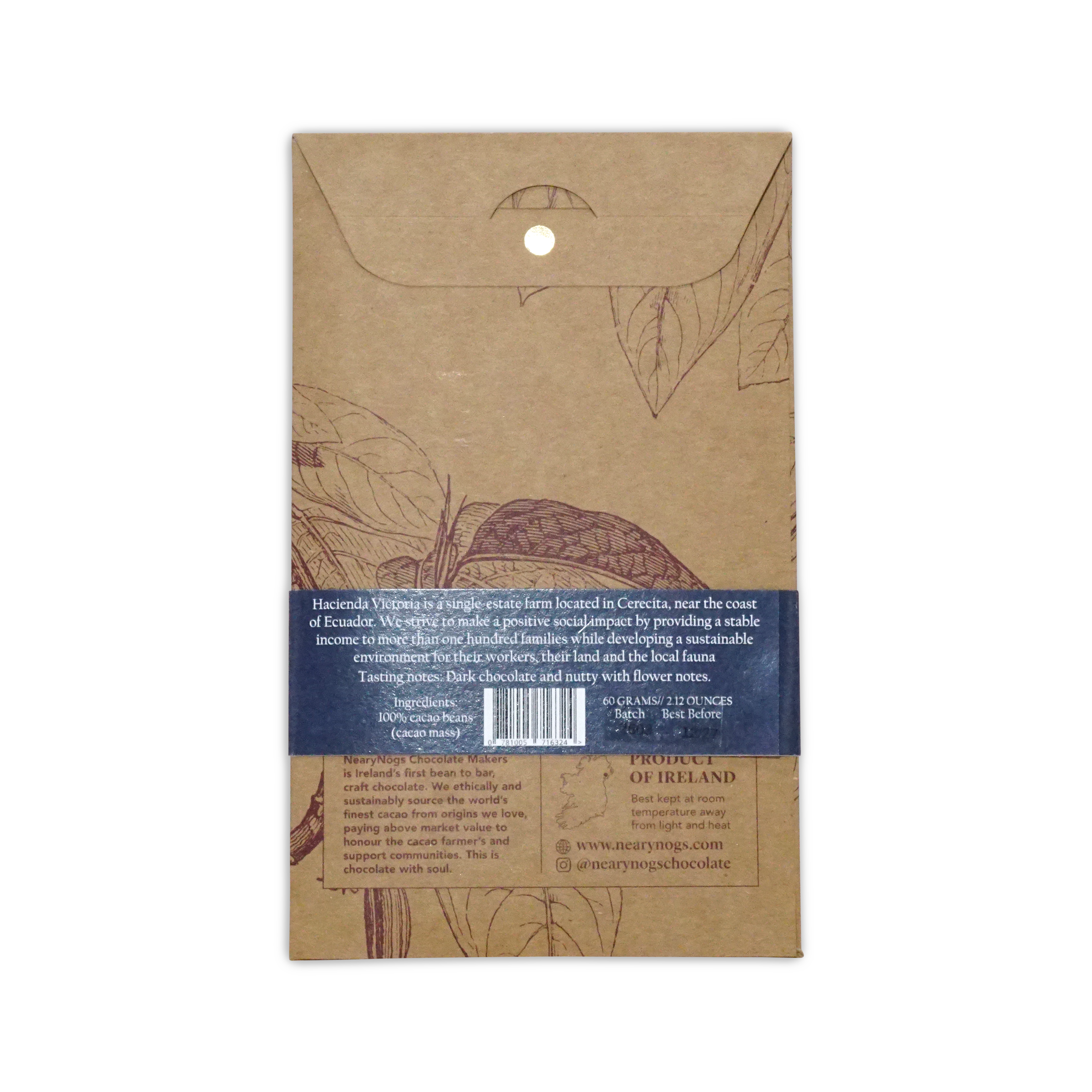 Brown kraft paper chocolate bar wrapper with hand-drawn cocoa illustrations and blue label for nearynags dark ecuador 100%
