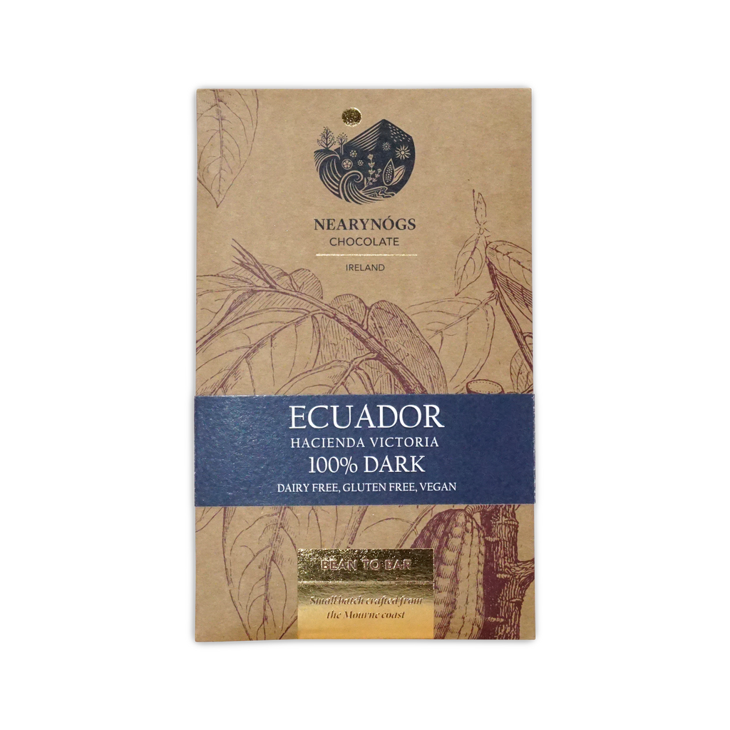 A brown kraft paper wrapper for nearynogs dark ecuador 100 percent dark chocolate bar with blue and gold text and botanical illustrations