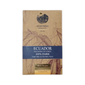 A brown kraft paper wrapper for nearynogs dark ecuador 100 percent dark chocolate bar with blue and gold text and botanical illustrations