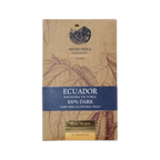 A brown kraft paper wrapper for nearynogs dark ecuador 100 percent dark chocolate bar with blue and gold text and botanical illustrations