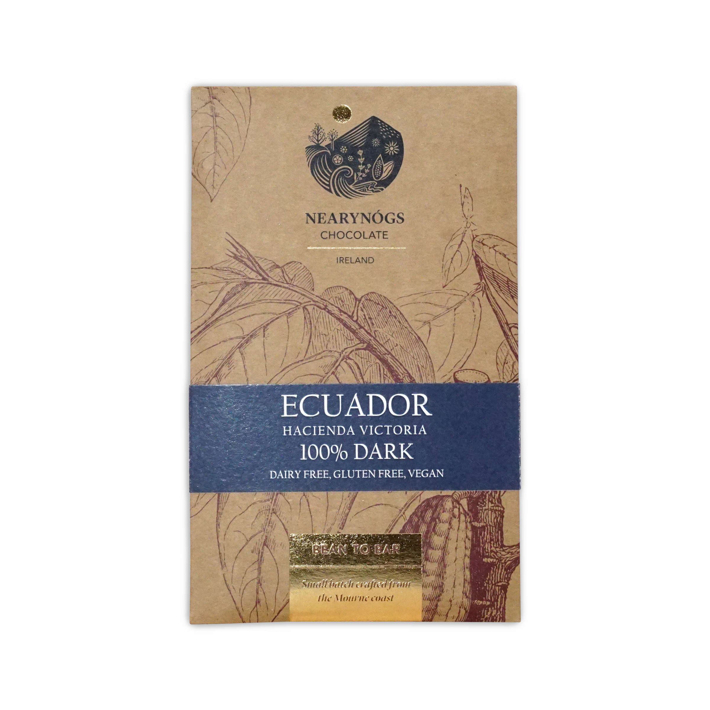 A brown kraft paper wrapper for nearynogs dark ecuador 100 percent dark chocolate bar with blue and gold text and botanical illustrations
