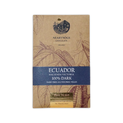 A brown kraft paper wrapper for nearynogs dark ecuador 100 percent dark chocolate bar with blue and gold text and botanical illustrations