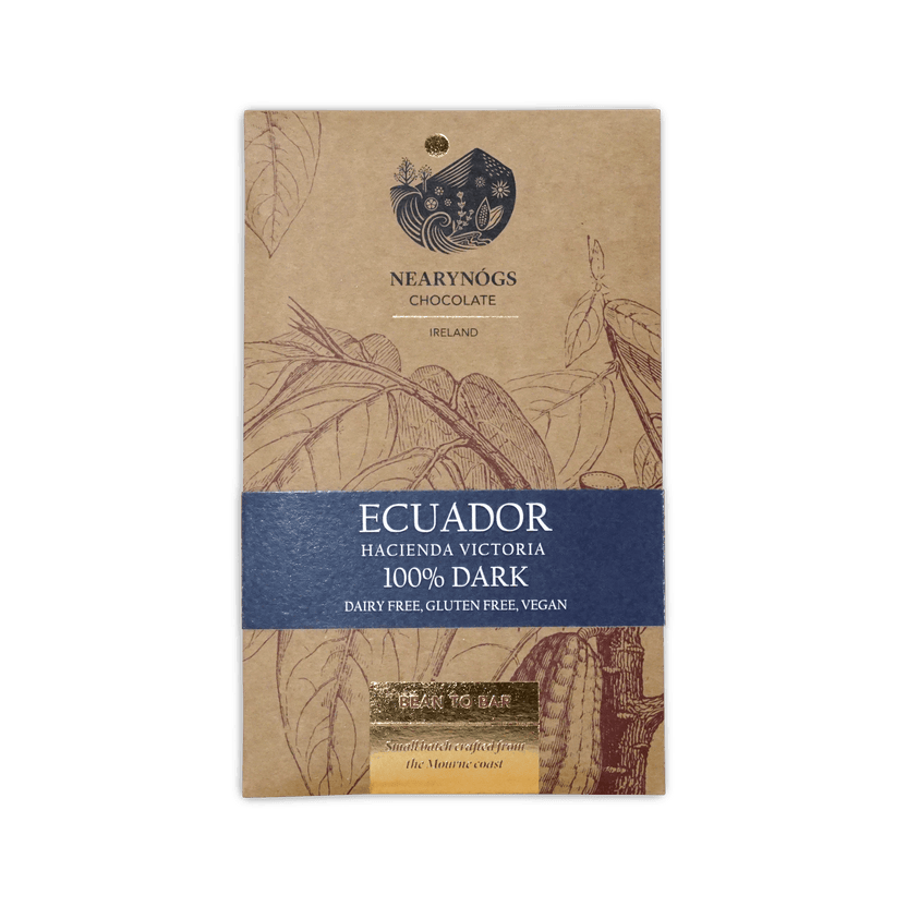 A brown kraft paper wrapper for nearynogs dark ecuador 100 percent dark chocolate bar with blue and gold text and botanical illustrations