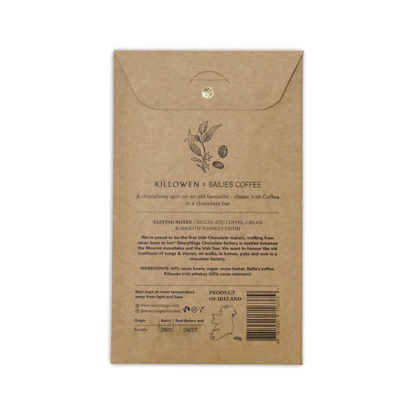 Kilbourn x bailies dark irish coffee chocolate bar 60 percent in brown kraft paper with illustrated coffee plant and beans