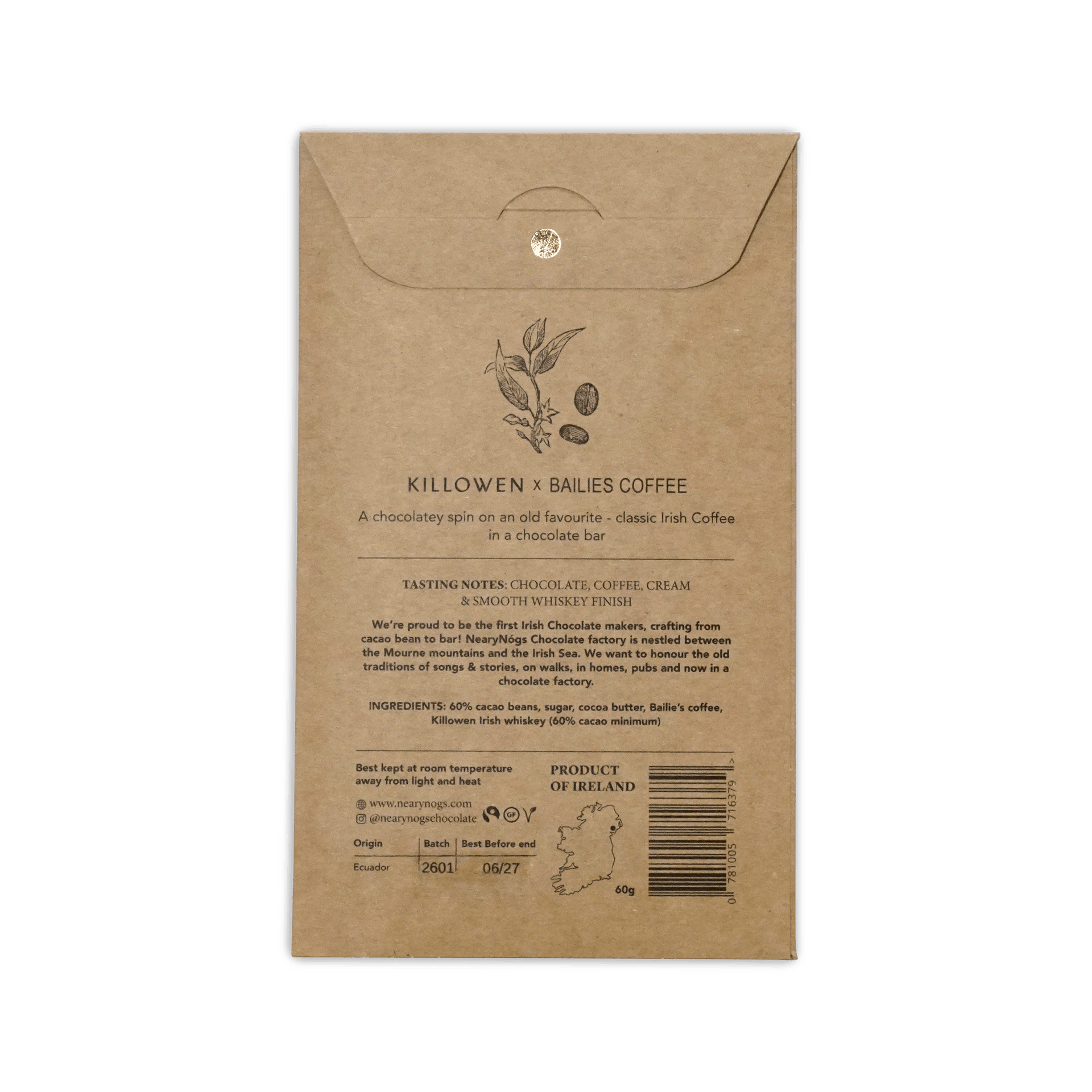Kilbourn x bailies dark irish coffee chocolate bar 60 percent in brown kraft paper with illustrated coffee plant and beans