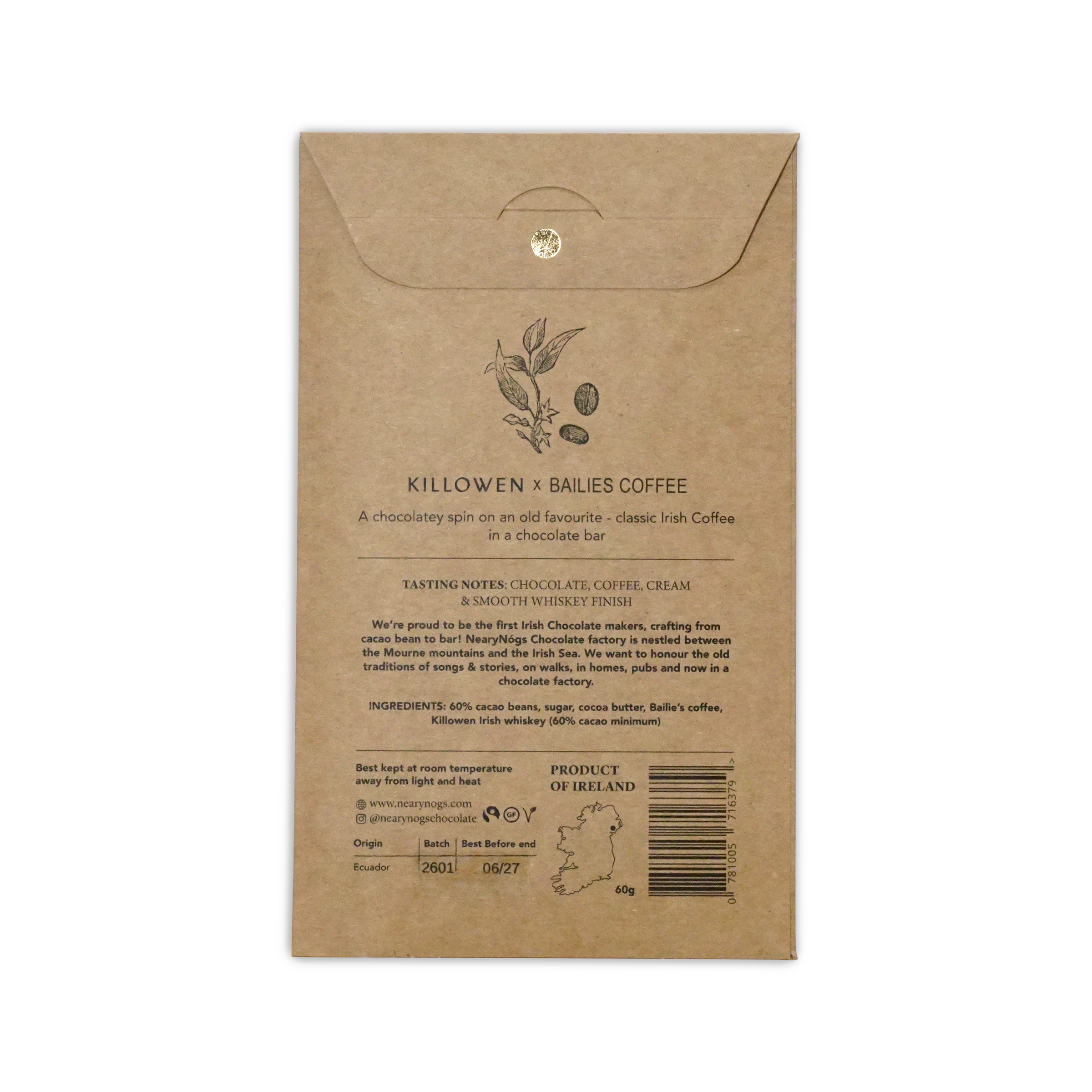 Kilbourn x bailies dark irish coffee chocolate bar 60 percent in brown kraft paper with illustrated coffee plant and beans