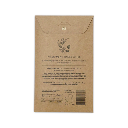Kilbourn x bailies dark irish coffee chocolate bar 60 percent in brown kraft paper with illustrated coffee plant and beans