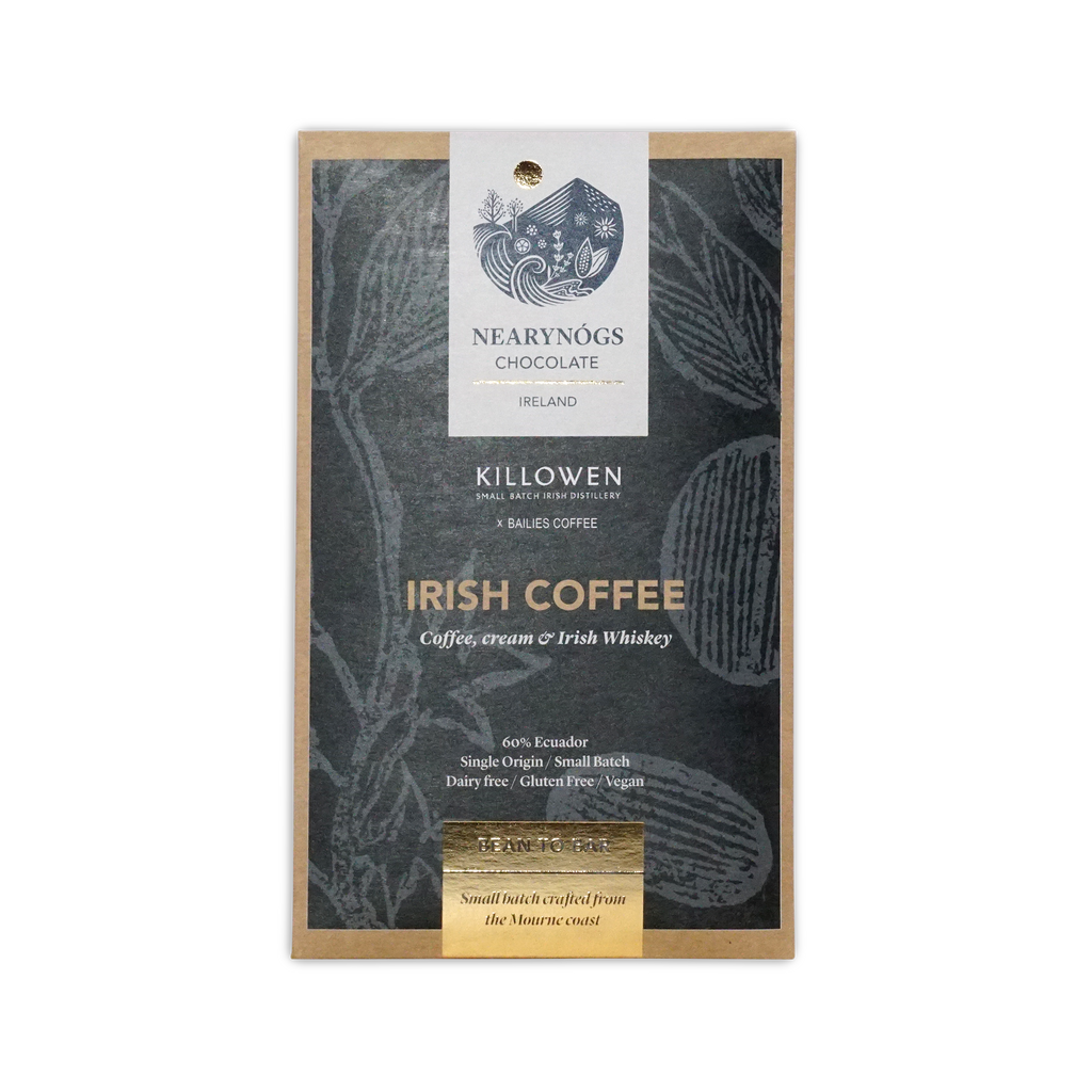 Nearynogs dark irish coffee 60 percent chocolate bar in a dark textured package with gold foil and botanical illustrations