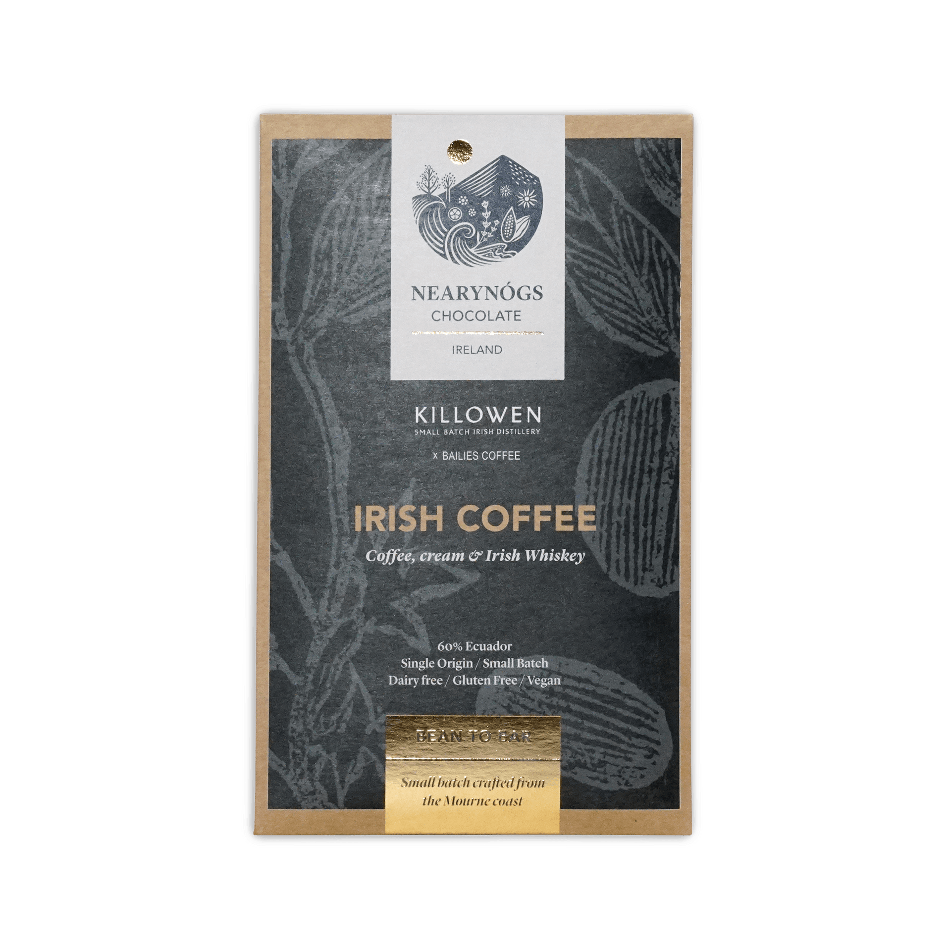 Nearynogs dark irish coffee 60 percent chocolate bar in a dark textured package with gold foil and botanical illustrations