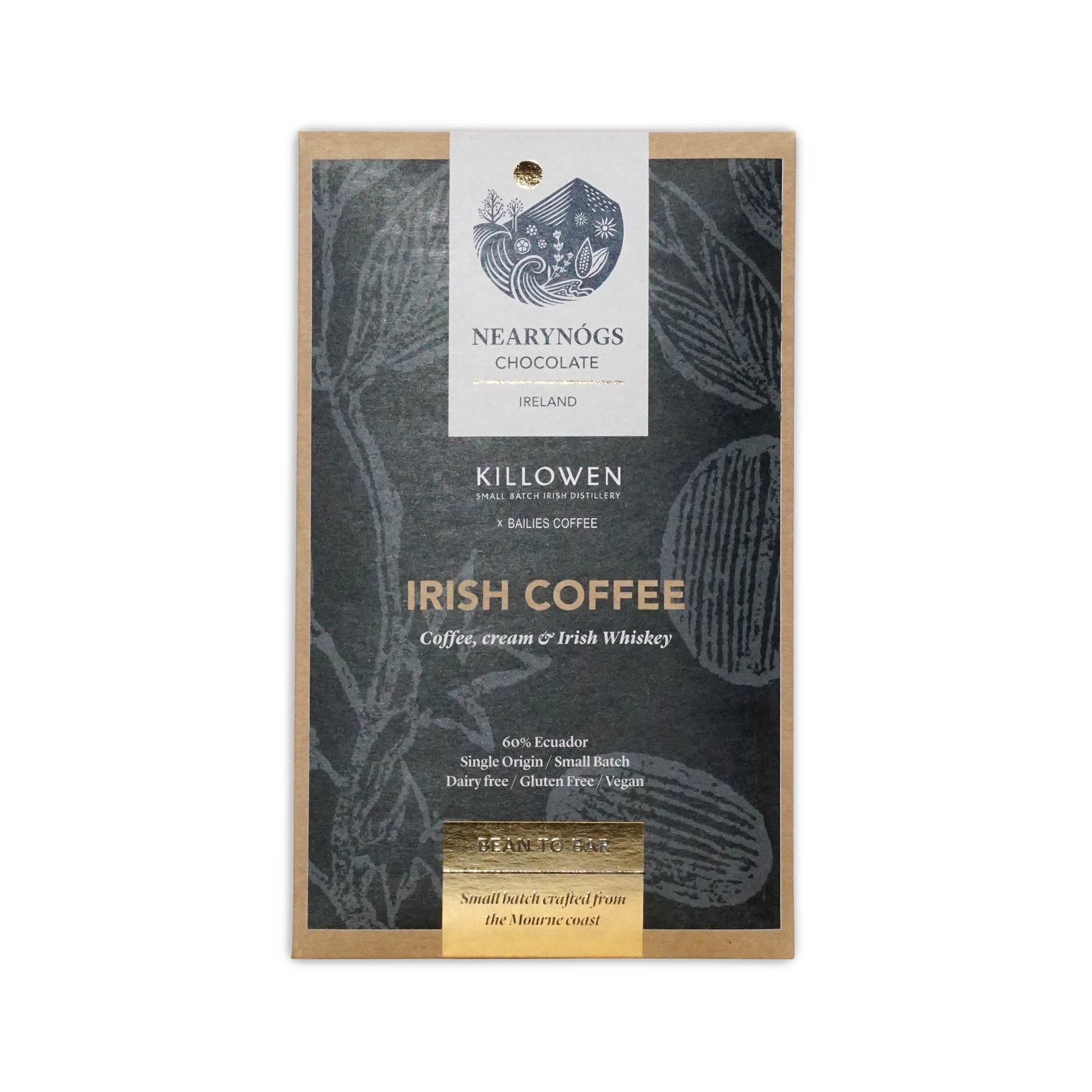 Nearynogs dark irish coffee 60 percent chocolate bar in a dark textured package with gold foil and botanical illustrations