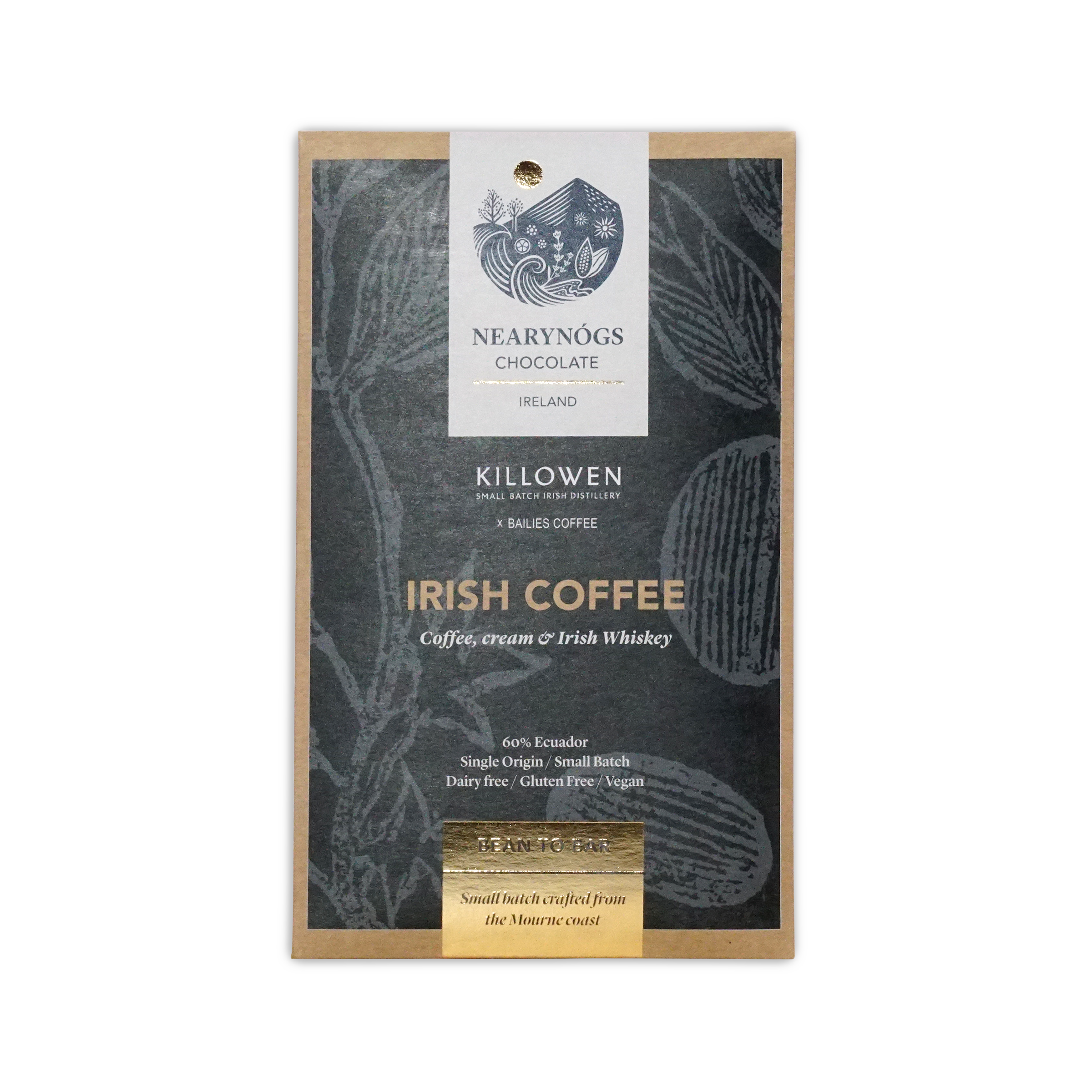 Nearynogs dark irish coffee 60 percent chocolate bar in a dark textured package with gold foil and botanical illustrations