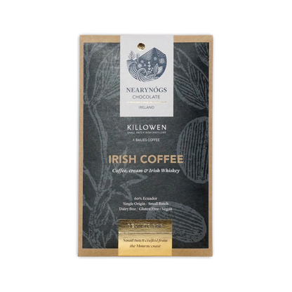 Nearynogs dark irish coffee 60 percent chocolate bar in a dark textured package with gold foil and botanical illustrations