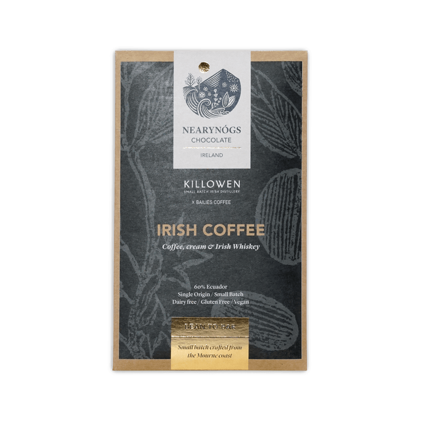 Nearynogs dark irish coffee 60 percent chocolate bar in a dark textured package with gold foil and botanical illustrations