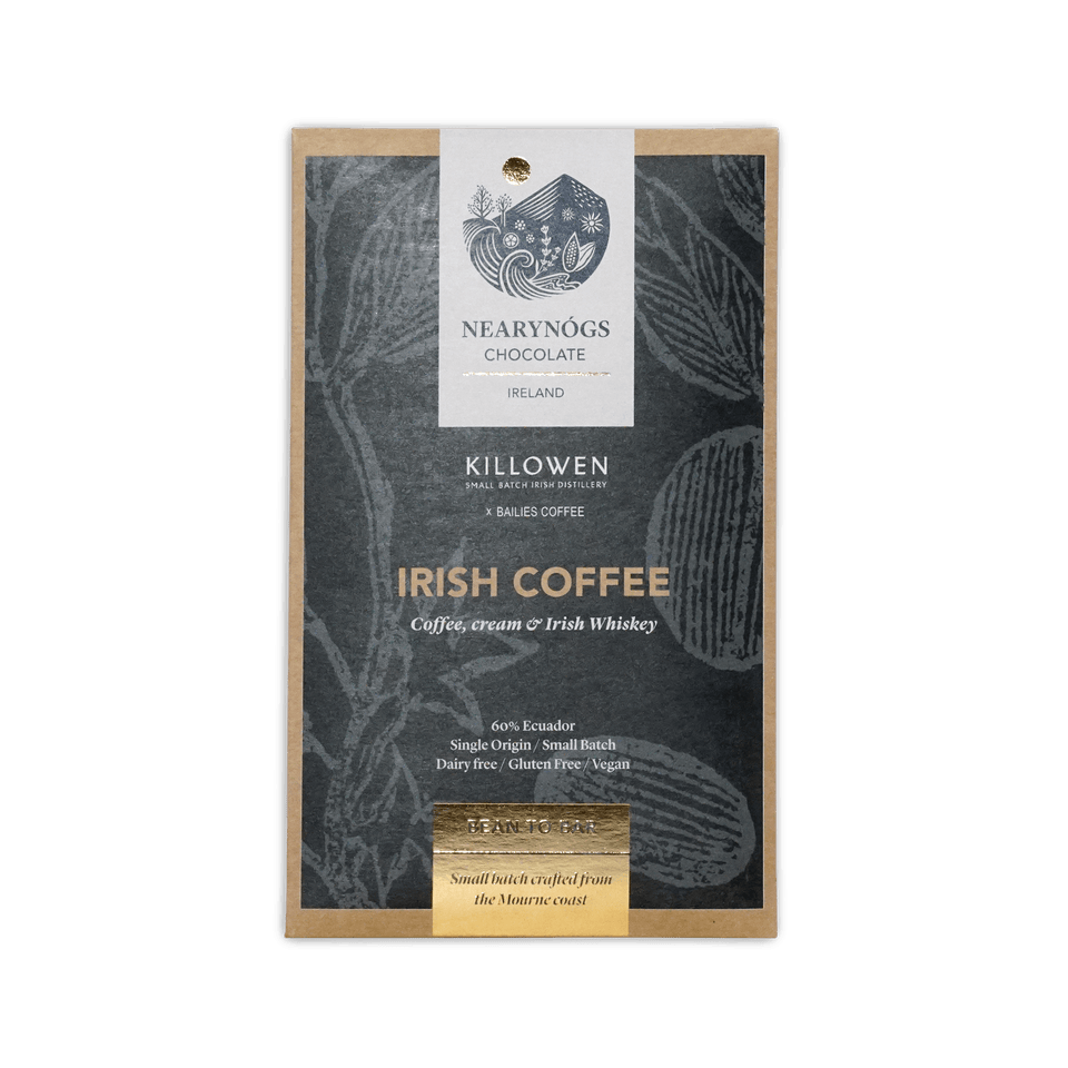 Nearynogs dark irish coffee 60 percent chocolate bar in a dark textured package with gold foil and botanical illustrations