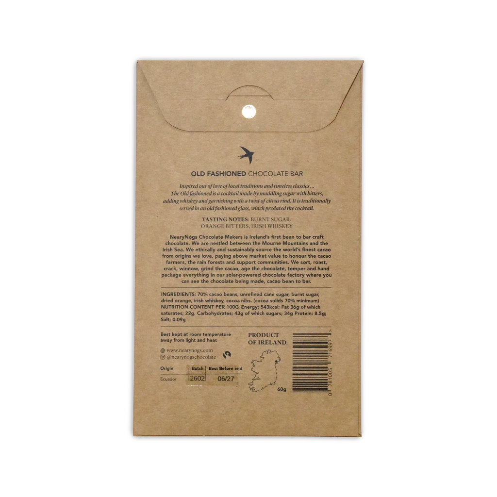 Brown kraft paper wrapper for NearyNogs dark irish old fashioned 70 percent chocolate bar packaging
