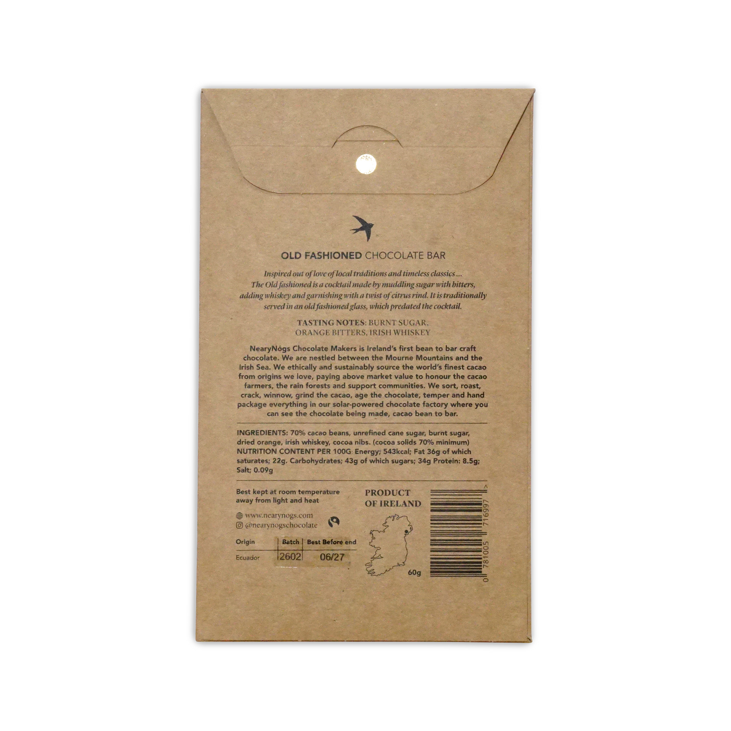 Brown kraft paper wrapper for NearyNogs dark irish old fashioned 70 percent chocolate bar packaging