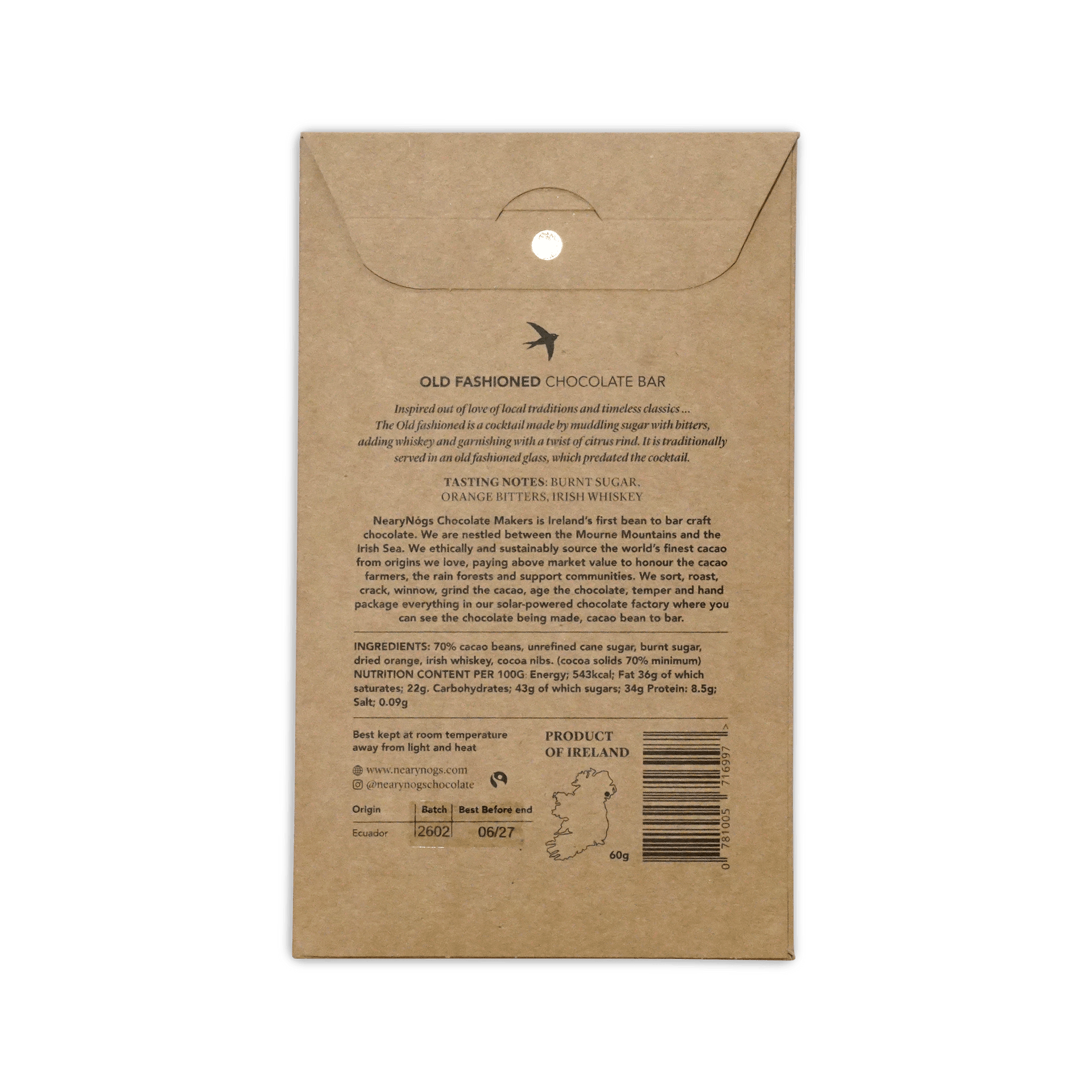 Brown kraft paper wrapper for NearyNogs dark irish old fashioned 70 percent chocolate bar packaging