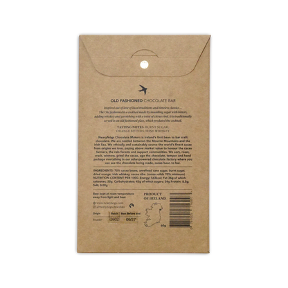 Brown kraft paper wrapper for NearyNogs dark irish old fashioned 70 percent chocolate bar packaging