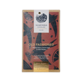 A rectangular dark chocolate bar wrapper with red background black bird and citrus designs from nearynogs ireland