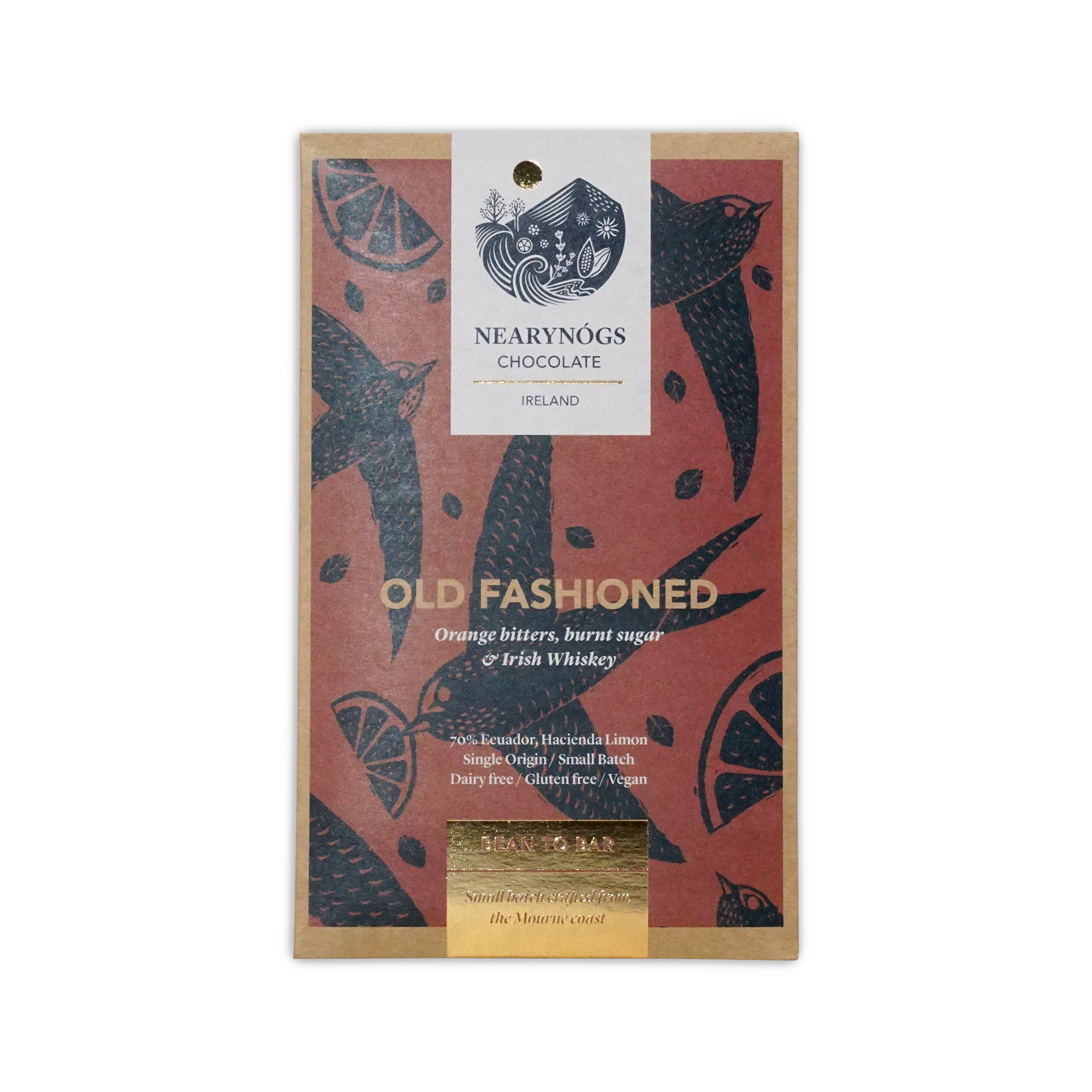A rectangular dark chocolate bar wrapper with red background black bird and citrus designs from nearynogs ireland