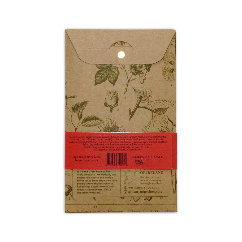 A beige illustrated wrapper with a red label and botanical drawings for nearynogs dark mexico 100 percent chocolate bar