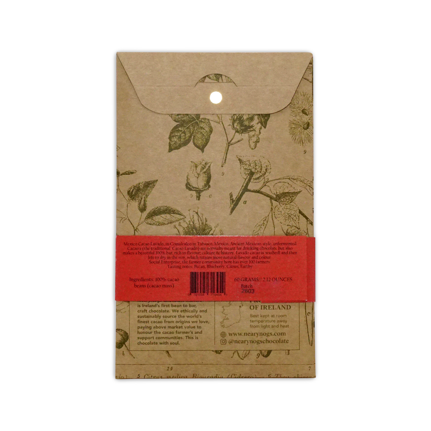 A beige illustrated wrapper with a red label and botanical drawings for nearynogs dark mexico 100 percent chocolate bar