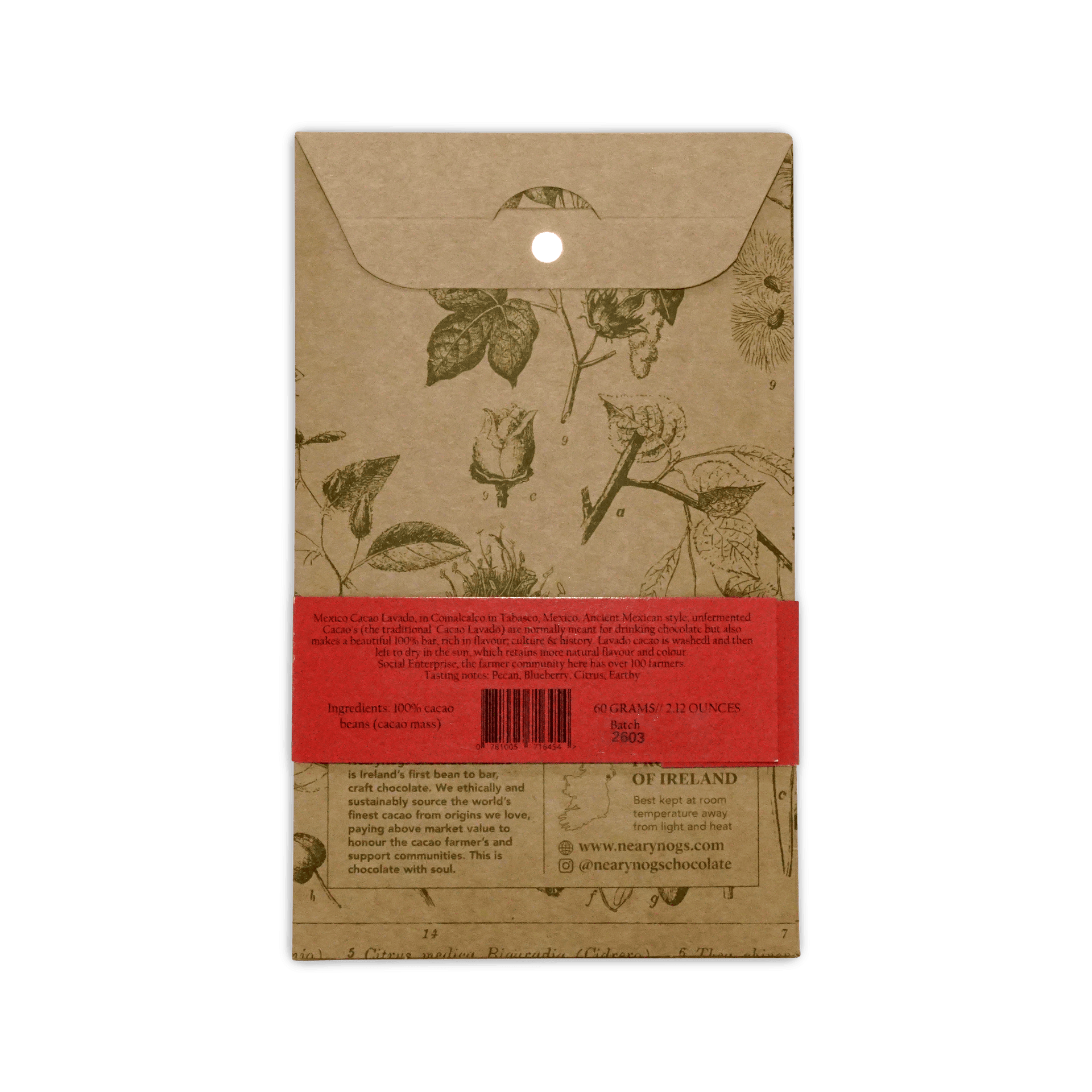 A beige illustrated wrapper with a red label and botanical drawings for nearynogs dark mexico 100 percent chocolate bar
